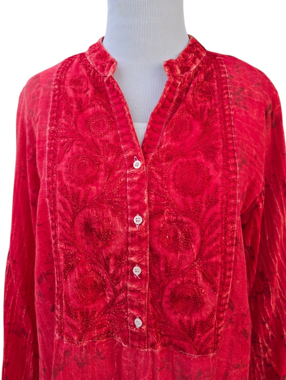 Nu Vintage Distressed Embroidered Long Sleeve Blouse Red Size Medium - Picture 2 of 7